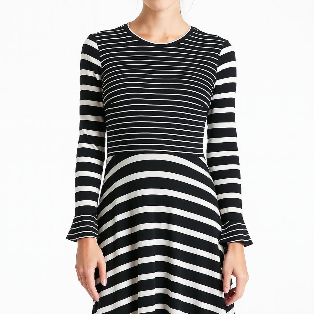 Stretchy LOFT  Black White Striped Dress Long Sleeve Ruffle Cuff SZ 13(34"chest)